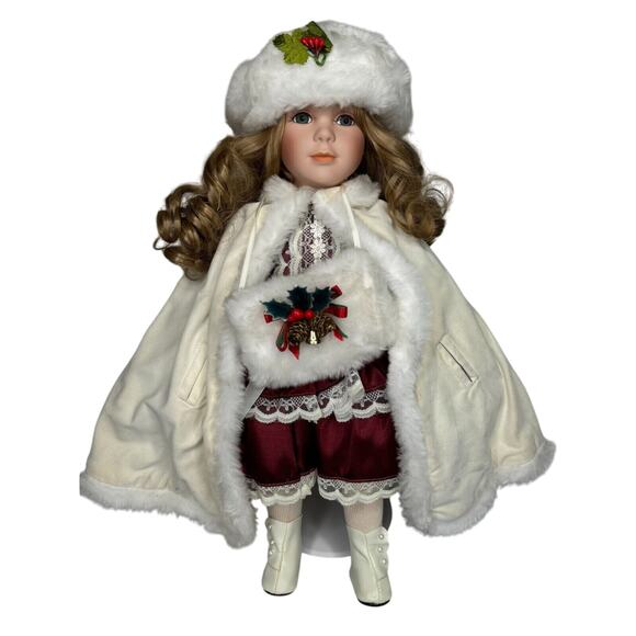 Dynasty Doll Collection Porcelain Winter Doll Curly Hair in White Cape - Picture 1 of 5